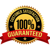 A badge with a medal that reads "Customer Satisfaction 100% guaranteed".