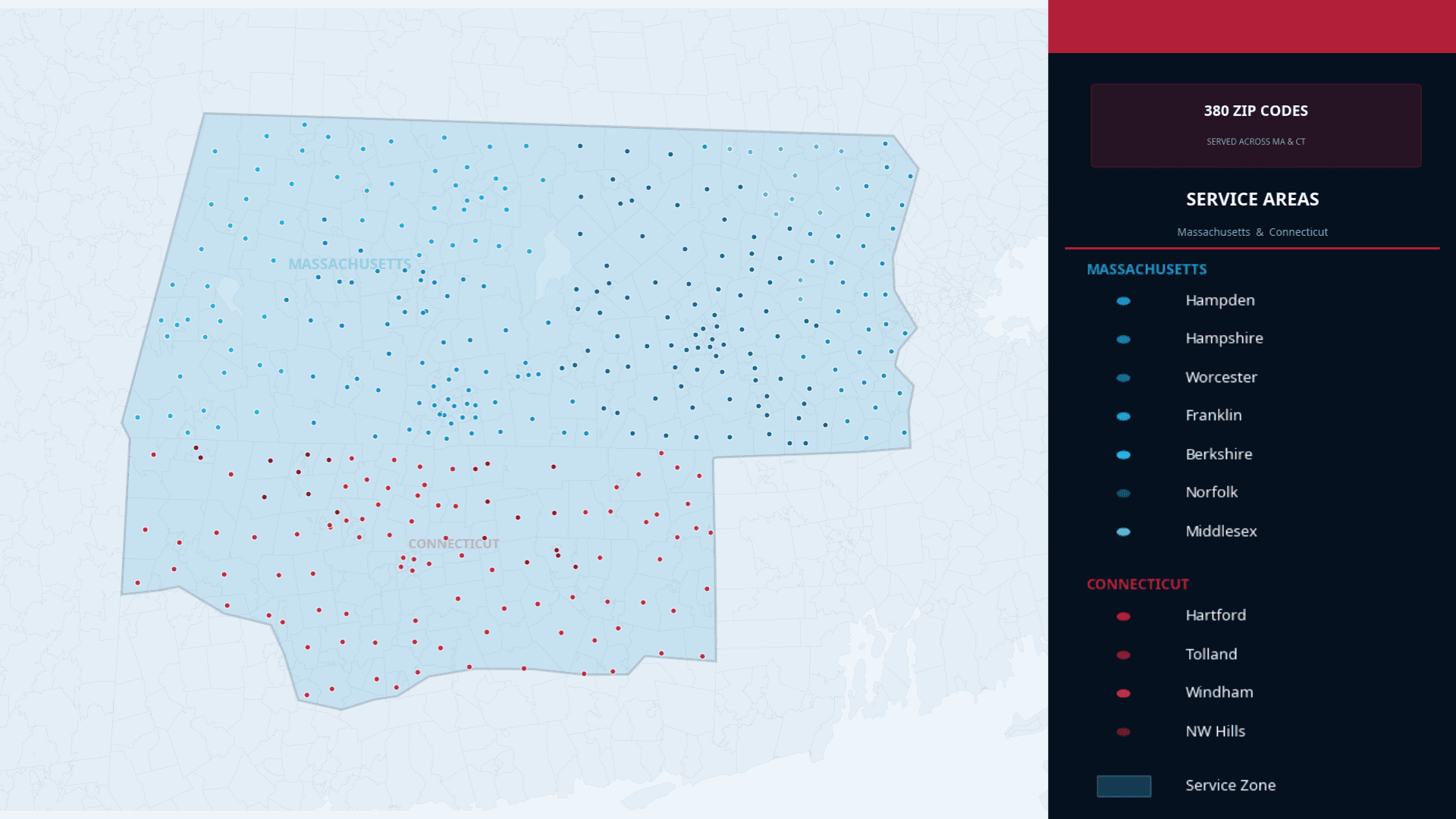 Service area map showing Kubala Windows & Doors coverage across Western and Central Massachusetts and Northern Connecticut, including 380 zip codes served throughout MA and CT.
