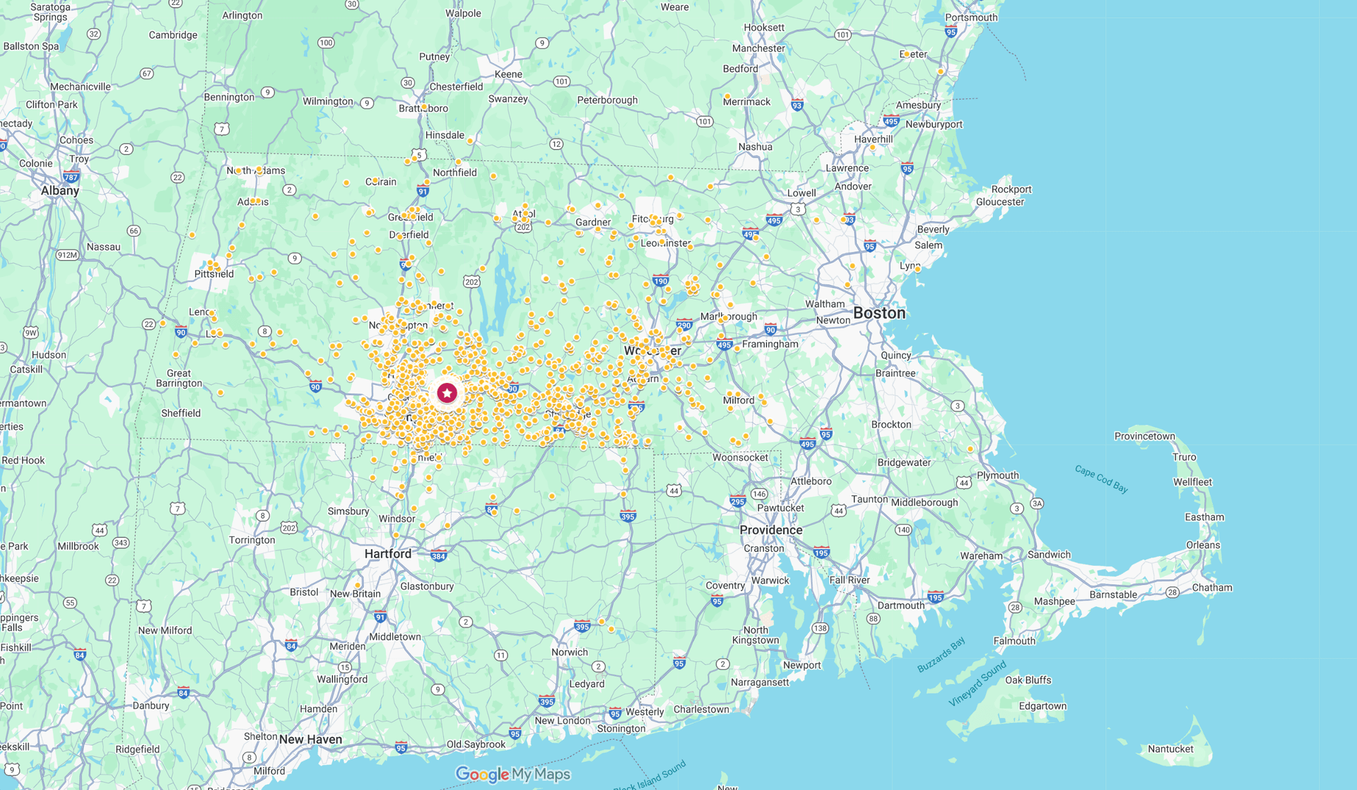 A map of the greater Ludlow, MA, area with pins for each job site Kubala has worked on.